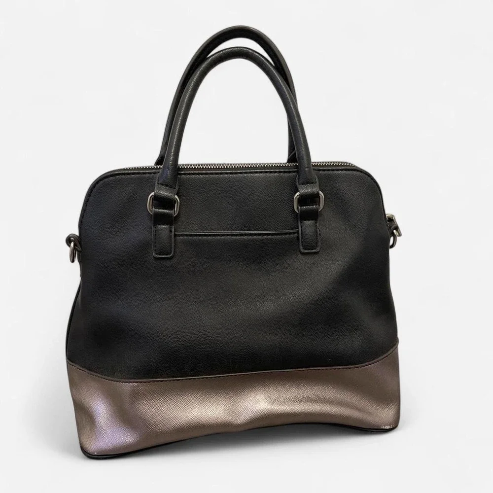 Liz Claiborne Womens Black Bronze Metallic Satchel Handbag Two Tone Dome Bag